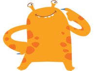 illustrated orange creature in a thinking pose