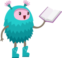 illustrated teal creature reading a book